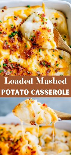 loaded mashed potato casserole in a white dish with a wooden spoon and text overlay