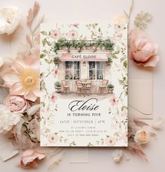 the wedding card is surrounded by flowers and greenery, including pink peonies