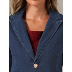 Designed for business casual wear, this notched lapel blazer is stylish and professional. It is made from denim, giving it a modern and chic feel while maintaining a sophisticated look. This blazer features a single-breasted design, which adds a sleek and sophisticated feel to the jacket. It includes shoulder pads to provide structure and definition to the shoulders, making you look confident. Tailored Denim Blazer With Button Closure, Formal Tailored Denim Outerwear, Tailored Denim Outerwear For Formal Occasions, Classic Denim Blue Blazer For Spring, Classic Denim Blue Spring Blazer, Classic Single-breasted Denim Jacket With Notch Lapel, Classic Single Breasted Denim Blazer, Classic Notch Lapel Single Breasted Denim Jacket, Tailored Denim Blazer