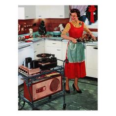 a woman standing in a kitchen preparing food on top of a stove next to a radio