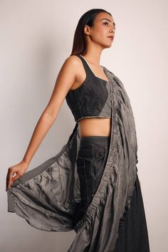 Grey pant saree with attached ruched pallu. Comes with patch work blouse. - Aza Fashions Fitted Cotton Silk Pre-draped Saree, Fitted Cotton Pre-draped Saree With Traditional Drape, Fitted Cotton Pre-draped Saree For Festive Occasions, Fitted Bollywood Cotton Pre-draped Saree, Pant Saree, Grey Pant, Dhoti Saree, Patchwork Blouse, Patch Work Blouse