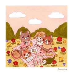 two cats are sitting on a picnic blanket in the middle of a flowery field