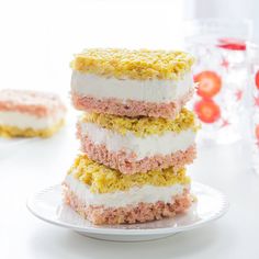 three layered desserts stacked on top of each other