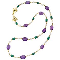 22 Karat gold necklace of Amethyst, emerald crystals and fresh water pearls in the manner of Roman 3rd century pieces. The neclace measures 32 inches, with 11 Emeralds weighing approximately 40 carats, 11 amethysts, the clasp is Amethyst and Chrome Tourmaline. The emerald are polished in their natural hexagonal crystal shape. This necklace can be worn as a sautoir or doubled up . Handmade in New York & one of a kind Handmade Jewelry Ideas Necklace, Cabachon Jewelry, Pearl And Amethyst, Lux Jewelry, Beading Designs, Wire Necklaces, Homemade Necklaces, Chrome Tourmaline, Diy Necklaces