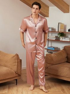 Pink  Collar   Plain Pajama Sets Embellished Medium Stretch All Men Loungewear Men Loungewear, Pink Collar, Pink Collars, Home Wear, Loungewear Sets, Mens Pajamas, Pajama Sets, T Shirt And Shorts, Printed Shorts