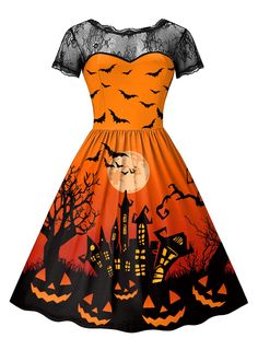 a women's halloween dress with bats and pumpkins