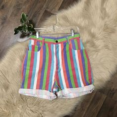 Vintage Class 955 Shorts Size 13/14 (Vintage Sizing, See Measurements, Measure About A Size 4 In Women's) Multicolor, Striped, High Rise, Cuffed, 4" Inseam Small Distressed Spot Beside The Zipper (Shown In Photo) Length: 16" Waist: 27" Inseam: 4" Rise: 13.5" Pet Friendly Home. I Live With A Smoker. My Items Are Laundered/Cleaned (Except Nwt Or Nwot), Sometimes Using Scented Laundry/Cleaning Products. 90s Style Cotton Jean Shorts For Spring, Retro High Rise Cotton Shorts, Retro Cotton Shorts For Spring, 90s Inspired Jean Shorts For Spring, Retro Summer Shorts, Retro Cotton Jean Shorts For Summer, Retro High Waist Cotton Shorts, Retro High-rise Jean Shorts For Summer, Retro High Waist Jean Shorts For Summer