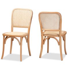 two wooden chairs side by side, one with wicker back and the other without