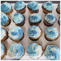 cupcakes with blue and white frosting in a box