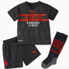 Bring home the win in the AC Milan Third Kids Kit. Featuring the same style as worn by your favorite players at games, with high performance fabric for a cool fit, this jersey will have you playing your best while repping the best. Puma Tshirt, Youth Football, Black Puma, Sports Brands, Ac Milan