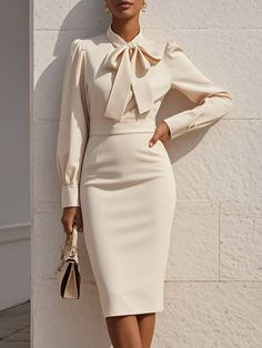 Off White Bow Neck Long Sleeve Sheath Midi Blazer Dress Long Sleeve Tulle Dress, Bow Dresses, Long Sleeve Sheath Dress, Midi Shift Dress, Mock Neck Long Sleeve, White Bow, White Midi Dress, Midi Dress Bodycon, Office Outfits