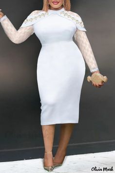 Olivia Mark - Elegant White Solid Patchwork O Neck Long Sleeve Dress for Casual Occasions Steps Dresses, Classic White Dress, Refined Fashion, Casual White Dress, White Long Sleeve Dress, Long Sleeve Casual Dress, Long Sleeve Dresses, Dress Order, Floral Lace Dress