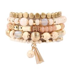 Stylish and chic set of bracelets adorned beautifully with multiple beads and stones, creating a unique look! MATERIAL: Base Metal, Acrylic Beads, Natural Stone. MEASUREMENTS: Approximately 2.125" Diameter. Statement Bracelets, Stacked Bracelets, Rose Quartz Earrings, Layered Fashion, Womens Jewelry, Fashion Bohemian, Stackable Bracelets, Statement Bracelet, Quartz Earrings