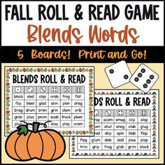 fall roll and read game with pumpkins, dices, and words on it