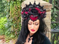 Handmade gothic crown with burgundy and black flowers with a veil. The headpiece is ideal for the image of the black queen, the goddess for the Halloween party, festival, photo shoot, Gothic wedding. The size of this headdress is universal for adult person. It sits soft and comfortable on the head and you can dance and move a long time. 100% designed and handmade by our designers ( SETA Design studio in Kyiv). It will be securely packed in a box. Feel free to contact us if you have any questions Gothic Costume Hat With Round Crown For Costume Party, Gothic Round Crown Headpiece For Halloween, Gothic Halloween Headpiece With Round Crown, Black Crown For Cosplay, Gothic Headband Costume Hats And Headpieces, Gothic Headband For Costume Party, Gothic Headband Costume Hats For Costume Party, Black Headband Costume Hats For Cosplay, Gothic Headband For Masquerade Costume