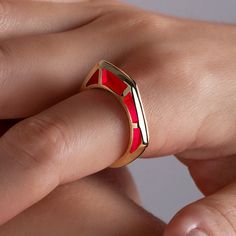 Red Enamel Gold Ring by fine jewelry designer Andy Lif Modern Yellow Gold Enamel Ring With Polished Finish, Gold Enamel Rings In Modern Style, Modern Gold Rings With Enamel, Polished Enamel Rings In Fine Jewelry Style, Luxury Polished Open Enamel Ring, Red Enamel Jewelry With Gemstone, Red Gemstone Jewelry With Enamel, Modern Gold Ruby Ring With Polished Finish, Modern Yellow Gold Enamel Ring