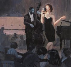 a painting of a woman in a black dress singing into a microphone next to a man in a tuxedo