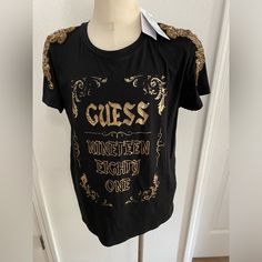 New With Tag Black Shirt With Lots Of Beads Black T-shirt With Rhinestones For Party, Casual Embellished T-shirt For Party, Black Embellished T-shirt For Party, Fitted Black Embellished T-shirt, Leopard Print Shorts, Black Sheer Top, Polka Dot Shorts, Guess By Marciano, Guess Jeans