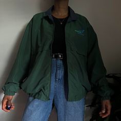 Vintage unisexe Green zip up bomber jacket  Size: L Model is size S  Height 5'9 💛Please refer to measurements for accurate fit💛 Shoulder to shoulder: 22.5" Pit to pit: 27" Arm length unfolded: 26" Length: 28.5" Brand: Union Line  Material: Polyester-Cotton-Nylon  📌Please read shop policy📌 💕Ask me any questions💕 #depop #workwear #vintage Green Zipper Closure Outerwear For Streetwear, Green Zipper Windbreaker For Streetwear, Green Varsity Jacket With Pockets For Streetwear, Green Outerwear With Ykk Zipper For Streetwear, Green Windbreaker With Zipper For Streetwear, Casual Streetwear Windbreaker With Zip Fly, Casual Track Jacket With Zip Fly For Streetwear, Workwear Vintage, Philadelphia Pa