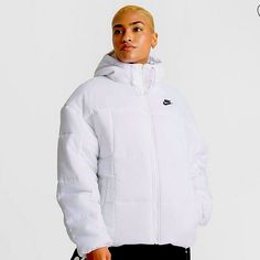 Nwt Women’s White Puffer Coat Size 1x Nike Hooded Puffer Jacket For Fall, Trendy White Hooded Puffer Jacket, White Hooded Nike Outerwear, Nike Hooded Puffer Jacket For Spring, White Nike Outerwear With Pockets, Nike White Outerwear With Pockets, Nike White Outerwear For Cold Weather, Trendy White Puffer Jacket With Pockets, Trendy White Puffer Jacket With Long Sleeves