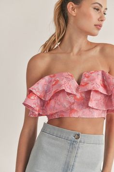 Jacquard strapless ruffle crop top NOTE: If your size is not available, please register your email in EMAIL ME WHEN AVAILABLE link. Feminine Cropped Top For Brunch, Feminine Ruffled Sleeveless Tube Top, Feminine Ruffled Tube Top, Chic Cropped Ruffle Crop Top, Pink Ruffled Bandeau Tube Top, Feminine Strapless Tube Top With Ruffles, Flirty Ruffled Tube Top For Summer, Feminine Strapless Ruffle Tube Top, Feminine Fitted Ruffle Tube Top