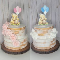 two cakes decorated with teddy bears and balloons on top of wooden slices in front of a white wall