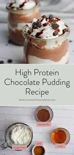 high protein chocolate pudding recipe in jars with ingredients labeled on the bottom and below it