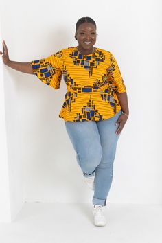 Maki African Prints Peplum Top (Yellow) - DAVEENAH Casual Stretch Yellow Blouse, Fall Yellow Crew Neck Blouse, African Print Peplum Top, Printed Peplum Top, African Prints, Peplum Blouse, African Print, African Fashion, Set Dress