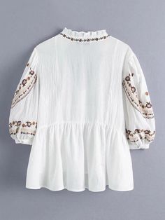 Floral Embroidery Peplum Blouse, S Short Sleeve Blouse With Floral Embroidery For Fall, Floral Embroidered Short Sleeve Blouse For Fall, Floral Embroidered Short Sleeve Fall Blouse, Fall Floral Embroidery Short Sleeve Blouse, White Long Sleeve Blouse With Geometric Embroidery, Long Sleeve Blouse With Multicolor Embroidery, White Long Sleeve Tops With Intricate Embroidery, White Long Sleeve Blouse With Intricate Embroidery, Summer Long Sleeve Blouse With Intricate Embroidery