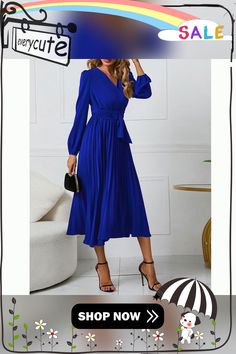 Blue V Neck Pleated Long Sleeve Dress with Belt Blue Belted Maxi Dress For Party, Blue Long Sleeve Pleated Midi Dress, Blue Pleated Long Sleeve Midi Dress, Blue V-neck Midi Dress Solid Color, Blue Belted V-neck Maxi Dress, Blue Solid Color Evening Midi Dress, Blue Solid Color Maxi Dress For Fall, Royal Blue Long Sleeve Maxi Dress For Spring, Blue Long Sleeve Maxi Dress For Work