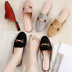 Women Replica Shoes With Seam Retro Round Toe Flock Flat Slides Summer Gold Metal Slippers Wide Fits Earrings Dangle Simple, Bride Earrings, Slippers Women, Slip On Mules, Women's Mules, Platform Slippers, Birthday Jewelry Gift, Gucci Mules, Girls Earrings