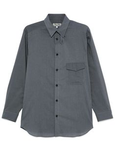 slate grey cotton poplin texture front button fastening 5-way collar long sleeves buttoned cuffs curved hem Gray Long Sleeve Shirt With Button Closure, Classic Gray Shirt With Spread Collar, Classic Gray Shirt For Fall, Classic Gray Fall Shirt, Elegant Gray Collared Shirt, Classic Gray Spread Collar Tops, Classic Gray Tops With Spread Collar, Classic Gray Formal Shirt, Classic Gray Top With Spread Collar