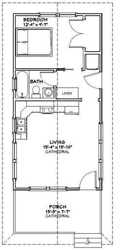 the floor plan for a small cabin with two bathrooms and one bedroom on each side