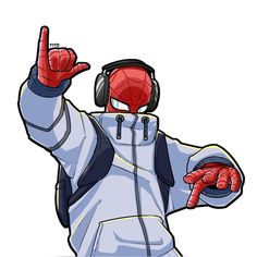 a cartoon character wearing headphones and pointing to the side with his hand in the air