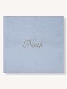 the word noah written in cursive writing on a light blue linen pillow case