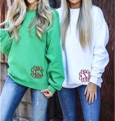 Need a cute, comfy, not too thick sweatshirt?! Then these are it! Oh and those color options! Casual Monogram Sweatshirt For Fall, Winter Monogram Long Sleeve Sweatshirt, Casual Monogram Crew Neck Sweatshirt, Winter Long Sleeve Monogram Sweatshirt, Fall Monograms, Thick Sweatshirt, Lululemon Sweatshirt, Monogram Sweater, Applique Sweatshirt