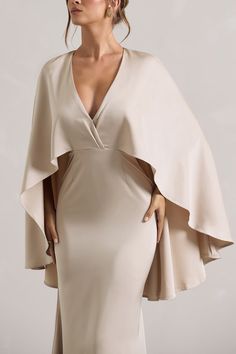 Yasie Champagne Satin Plunge-Neck Maxi Dress With Cape Sleeves – Club L London - USA Mother Of The Bride Cape Dress, Cape Dresses Formal, Bridesmaid Outfit Ideas, Goddess Ideas, Cape Dress Long, Elegant Dresses Classy Vintage, Champagne Maxi Dress, Dress With Cape Sleeves, Plunge Neck Maxi Dress