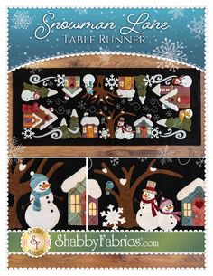 the snowman lane table runner pattern is shown in two different sizes and has an image of