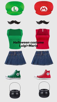 several different types of hats and shoes with the words halloween costume luigi - mario on them