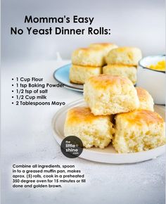 the recipe for mom's easy no yeast dinner rolls is shown on a plate