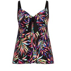 Make a statement poolside when you don our Fly Away Print Tankini Top. With its daring black and white palm print, this piece will turn heads in the sun! Not only is it beautiful, but it also provides ample coverage and support with its adjustable straps, supportive cups, and tie front feature. Constructed with partial power mesh lining and stretch fabric, this top combines fashion with function for a style that can't be beat this season. Key Features Include:- V-neckline- Wide adjustable straps Black Printed Tropical Swimwear, Black Tropical Printed Swimwear, Casual Black Tankini For Sunbathing, Black Tropical Print Swimwear, Black Tropical Swimwear For Vacation, Black Tropical Swimwear For Poolside, Tropical Black Swimwear For Vacation, Tropical Black Swimwear For Poolside, Casual Black Summer Tankini