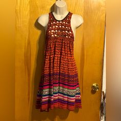 New With Tags From Free People. “Rare Hearts” Sleeveless Sweater Dress/Tunic. Dark Red Crochet Top With Picot Knit Multi Colored Skirt. Open, Low Cut Sides With Button Racerback, Empire Cut. Hippie Bohemian Style. Size Small, But Loose Fit. Bohemian Stretch Crochet Sleeveless Dress, Bohemian Sleeveless Stretch Crochet Dress, Casual Sleeveless Crochet Lace Dress, Multicolor Sleeveless Dress With Crochet Trim, Multicolor Sleeveless Crochet Lace Dress, Multicolor Sleeveless Crochet Dress With Crochet Trim, Multicolor Crochet Lace Sleeveless Dress, Red Knit Summer Dress, Bohemian Fitted Knit Dresses