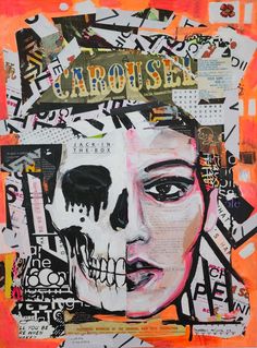 a collage of various images and words with a woman's face painted on it