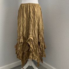 Surrealist Gold Asymmetrical Long Skirt Size 1 Equivalent To Womens Small Button Down Denim Skirt, Travel Skirt, Silk Wrap Skirt, Asymmetrical Midi Skirt, Godet Skirt, Reversible Skirt, Ribbed Skirt, Bias Cut Skirt, Crepe Skirts