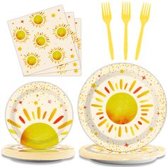 PRICES MAY VARY. What's in the package: You'll receive 24 9" boho sun party plates, 24 7" boho sun plates, 24 6.5" boho sun napkins, and 24 plastic blue forks, each set serving 24 people guests. Premium material: All our boho sun party plates and napkin sets are made of high-quality paper, non-toxic, odor-free, heat resistant, and durable. The patterns and colors are beautifully printed and fade-resistant to give you a party full of boho sun birthday vibes. Boho Sun Table Decor: Decorated with d Easter Tableware, Sunshine Birthday Parties, Sun Birthday, 1st Birthday Girl Decorations, First Trip Around The Sun, Birthday Table Decorations, Sunshine Baby Showers, Sunshine Birthday, Boho Sun