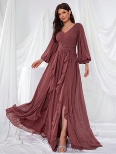 V-Neck Chiffon Lantern Sleeve Pleated Bodice Waist Decorated With Pearl And Floral Lace Trim Dress Redwood   Long Sleeve Chiffon Plain A Line Non-Stretch  Weddings & Events, size features are:Bust: ,Length: ,Sleeve Length: Long Flowy Robe, Flowy Robe, Color Caoba, Lace Lanterns, Long Sleeve Chiffon Dress, Lace Trim Dress, Pleated Bodice, Chiffon Long Sleeve, Evening Dresses Elegant