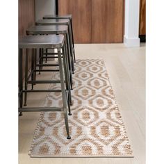 a kitchen area with stools and a rug on the floor