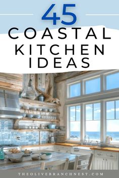 the kitchen has white cabinets and wooden walls, along with an open window that looks out onto the ocean