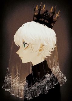 a drawing of a woman with white hair wearing a black dress and a crown on her head