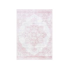 a pink and white rug with an ornate design on the bottom, in front of a white background